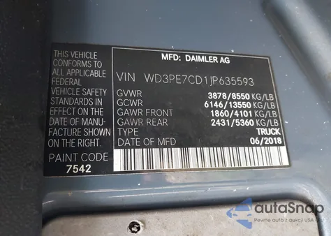 2018 Mercedes-Benz Sprinter 2500 Standard Roof V6 z USA, uszkodzony, nr VIN WD3PE7CD1JP635593